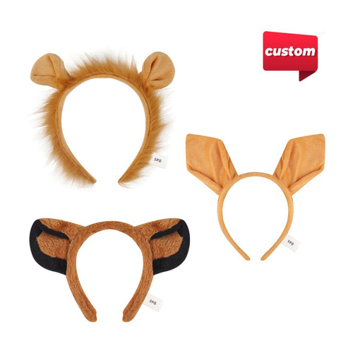 Three custom animal hairbands in various shades of brown, featuring different animal ear designs. One headband includes a logo.