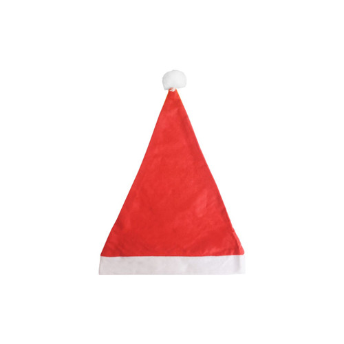 A red Santa hat with a white brim and a pom-pom on top, featuring a logo.