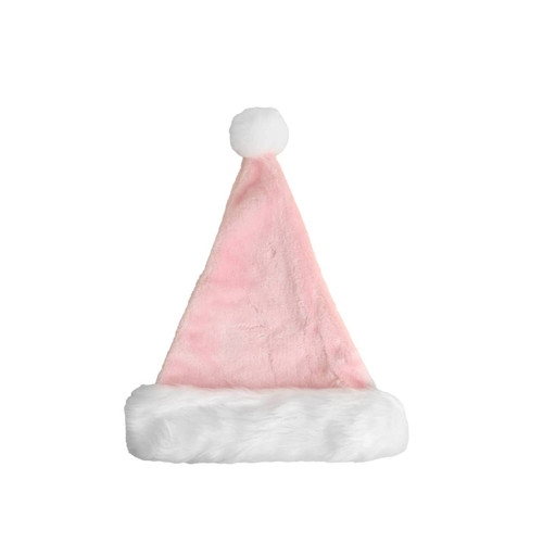 A pink plush Santa hat with a white faux fur trim and a fluffy pom-pom on top.