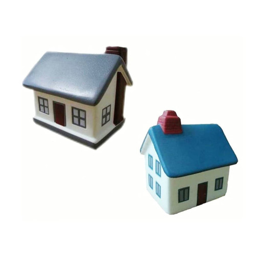 A house-shaped stress reliever in blue and white with windows and a chimney, featuring a logo.