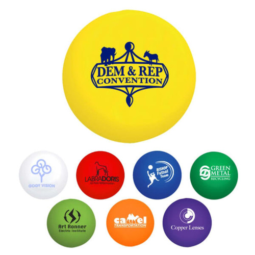A yellow stress ball in a baseball shape featuring a logo, surrounded by various coloured stress balls.