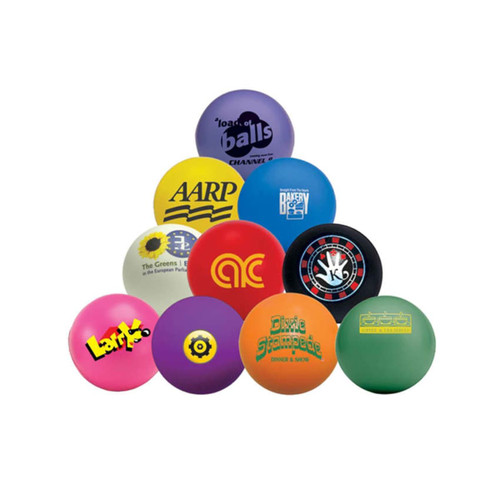 A collection of brightly coloured stress balls in various shades, arranged in a pyramid shape, featuring different logos.
