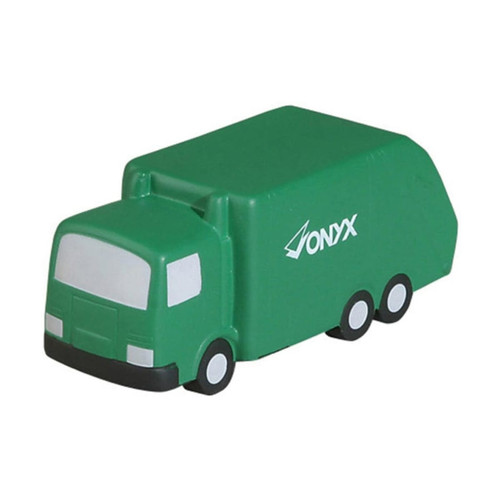 A green garbage truck-shaped stress reliever with black wheels and a white front. It features a brand logo.