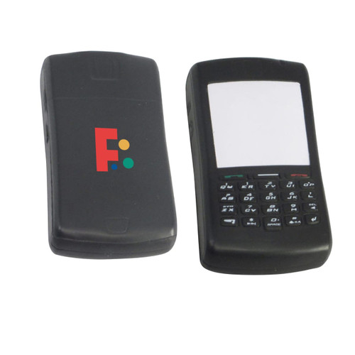 A black mobile phone-shaped stress reliever featuring a logo, designed for stress relief and fun.