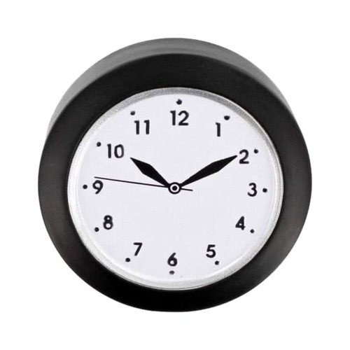 A round stress reliever in the shape of a clock, featuring a black outer casing and a white face with black numbers.