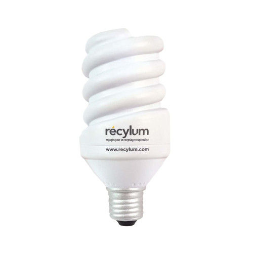A white lamp-shaped stress reliever in a spiral design with a silver base and a logo.