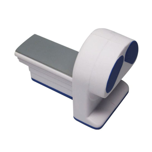 A white and grey scanner machine-shaped stress reliever with blue accents and a branded logo.