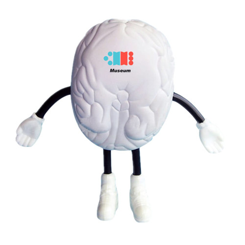 A white stress reliever shaped like a brain, with black arms and legs, wearing white shoes, and featuring a logo.
