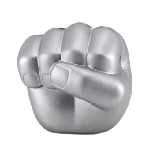 A silver clenched fist-shaped stress reliever with a smooth finish, designed for fun and stress relief.