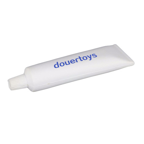 A white, elongated stress reliever designed to resemble a tube of toothpaste, featuring a small nozzle.