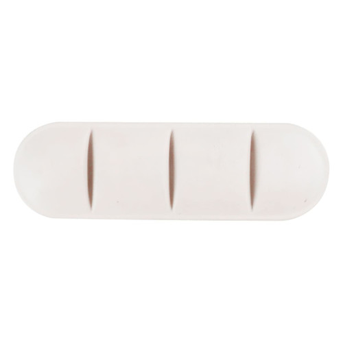 A large tablet-shaped stress reliever in a soft white colour, featuring three indented sections and a branding logo.
