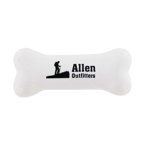 A white bone-shaped stress reliever with a logo printed on it. Ideal for fun and games or stress relief.