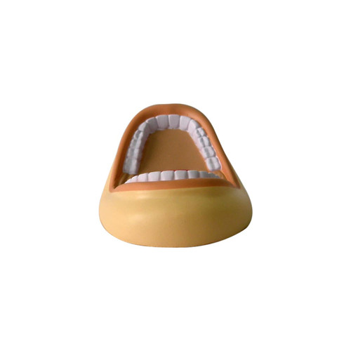 A mouth-shaped stress reliever in beige and white, featuring detailed teeth and an open design. Includes branding.