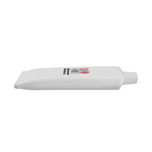 A white, toothpaste-shaped stress reliever with a textured surface and a branding logo.