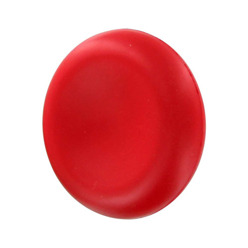 A red, round stress reliever featuring a smooth surface. It has a logo on one side.