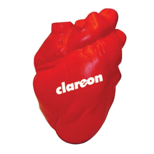 A red heart-shaped stress reliever with a logo on it, designed as a fun keyring.