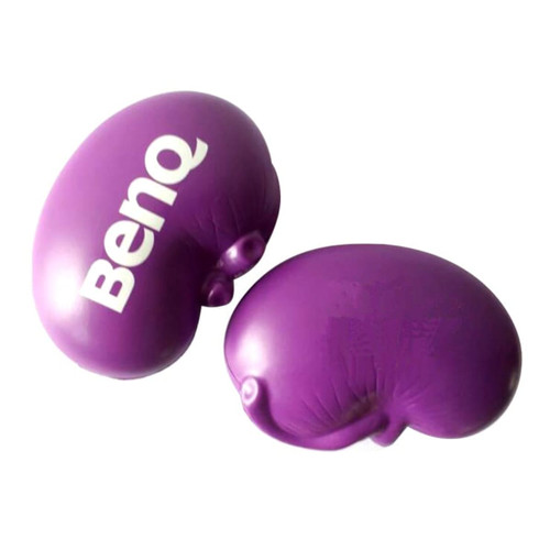 A purple kidney-shaped stress reliever featuring a logo, designed for fun and stress relief.