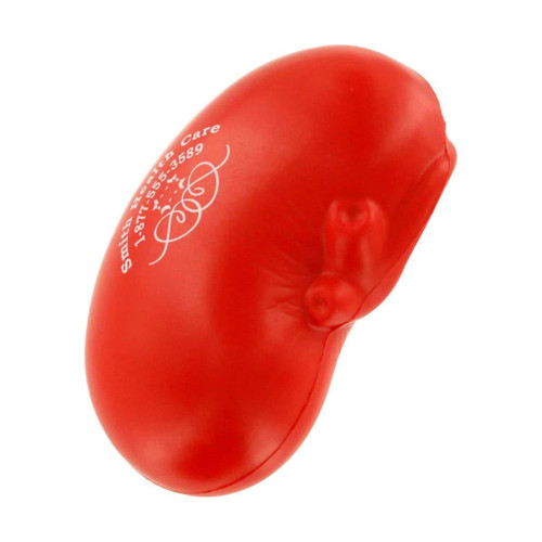 A red kidney-shaped stress reliever with a simple design and a logo on the surface.