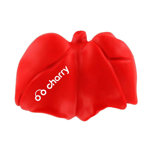 A red lung-shaped stress reliever with a logo. The design is smooth and slightly squishy.