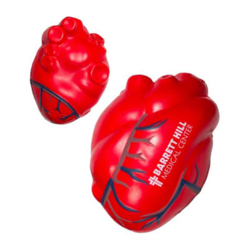 A red heart-shaped stress reliever with blue detailing and a logo. Ideal for stress relief and fun activities.