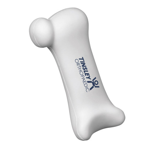 A white stress reliever shaped like a human bone, featuring a logo.