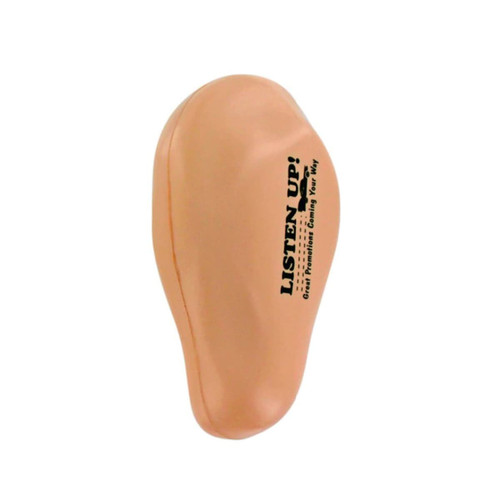 An ear-shaped stress reliever in a soft peach colour, featuring a logo on one side.