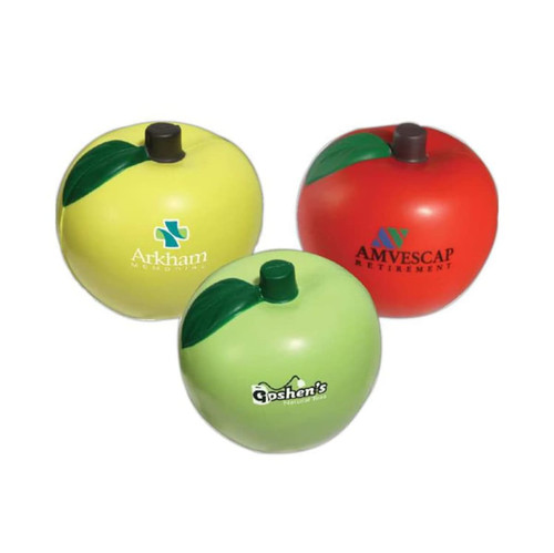 Three apple-shaped stress relievers in red, green, and yellow, featuring various logos.