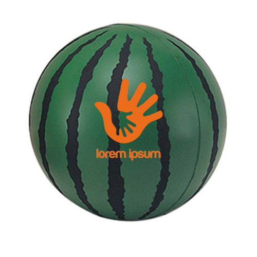 A green watermelon-shaped stress reliever with black stripes and a logo in orange.