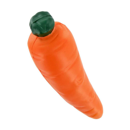 An orange carrot-shaped stress reliever with a green top, featuring a smooth, squishy texture and a logo.