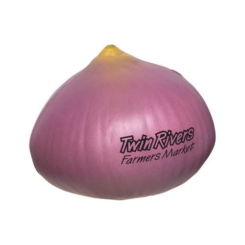 A purple and yellow onion-shaped stress reliever with a branding logo on the side.