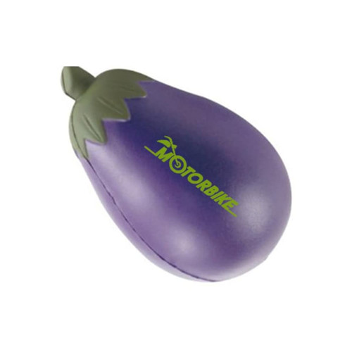 An eggplant-shaped stress reliever in purple and green, featuring a logo.