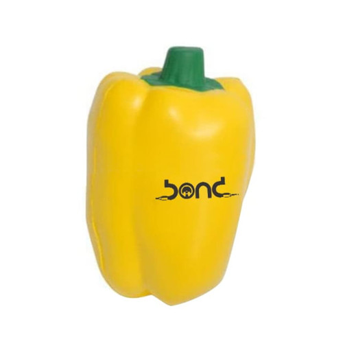 A yellow capsicum shaped stress reliever with a green stalk and a logo on the front.