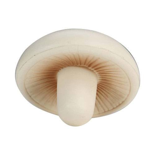 A mushroom-shaped stress reliever in cream colour, featuring detailed gills on the underside. It has a logo.