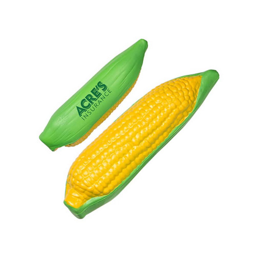 A corn-shaped stress reliever in vibrant green and yellow colours, featuring branding on one side.