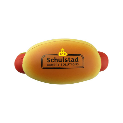 A hot dog shaped stress reliever in yellow with red ends, featuring a logo on top.