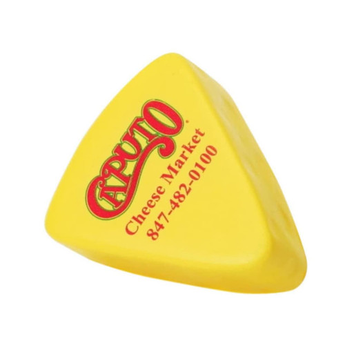 A yellow triangular stress reliever shaped like a wedge of cheese, featuring a logo on its surface.