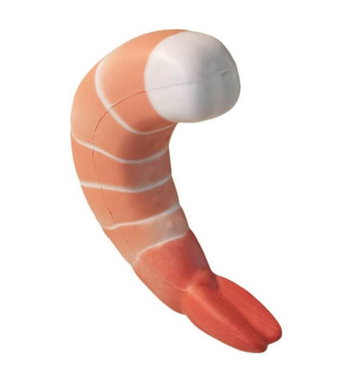 A shrimp-shaped stress reliever in pink and white, featuring a smooth texture and rounded shape.