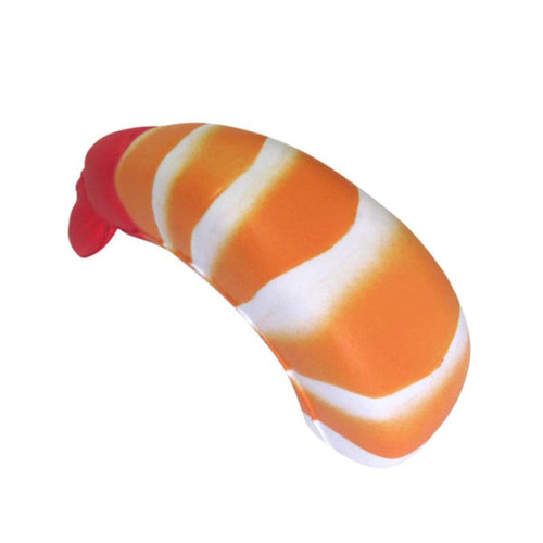 A shrimp-shaped stress reliever in orange and white, featuring a smooth, squishy design. It has a logo on the side.