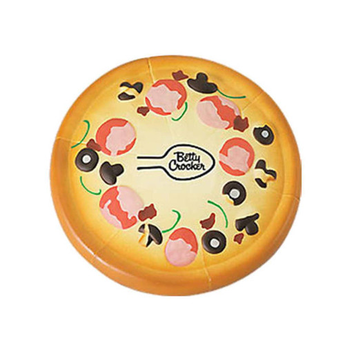 A pizza-shaped stress reliever featuring a variety of toppings, with a yellow crust and a logo in the centre.