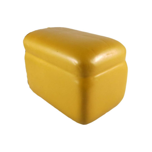 A yellow toast-shaped stress reliever with a smooth surface and a rectangular design. It has a logo on it.