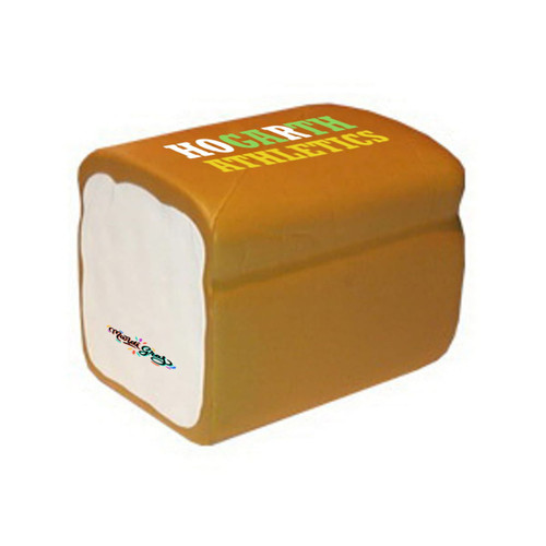 A brown and white toast-shaped stress reliever with a logo on one side.