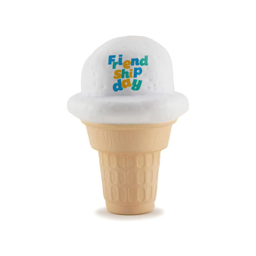 A white ice cream scoop sits atop a beige cone, featuring a logo with colourful text.