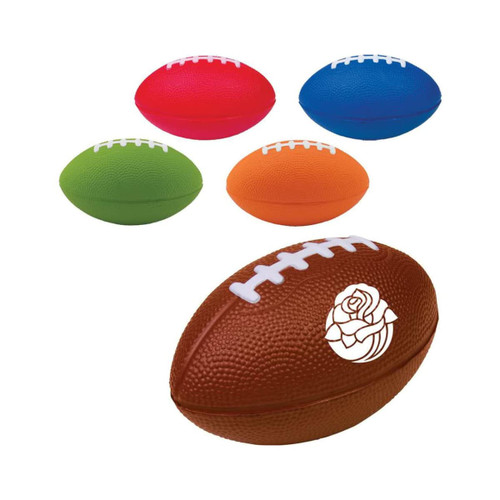 A set of rugby shape stress relievers in red, blue, green, orange, and brown with white stitching and a logo.