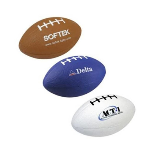 A set of three rugby-shaped stress relievers in brown, blue, and white, each featuring different logos.