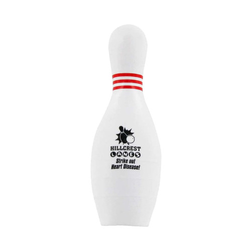 A white bowling pin-shaped stress reliever with red stripes and a logo on the front.