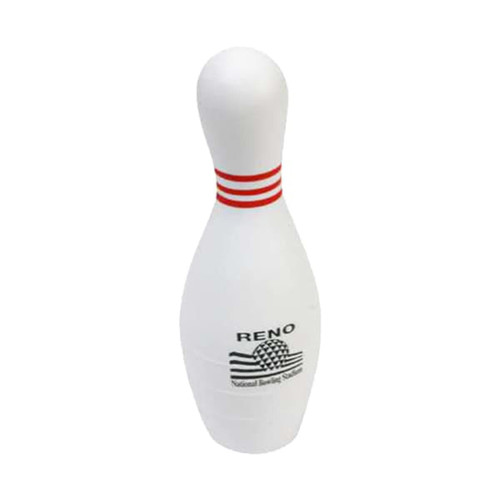 A bowling pin-shaped stress reliever in white with red stripes and a logo on the front.
