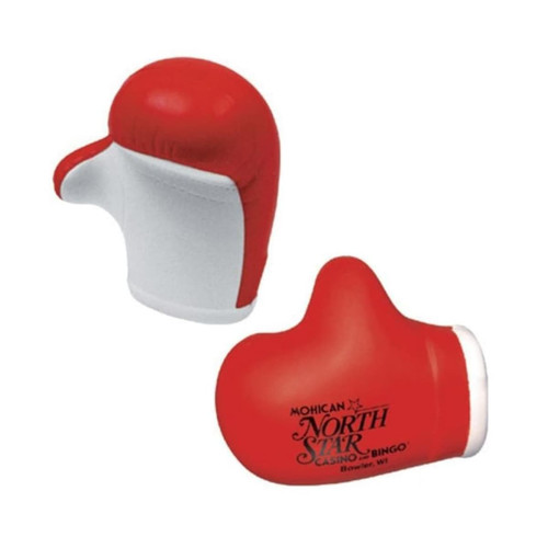 A red boxing glove-shaped stress reliever with a white accent and a branding logo on one side.