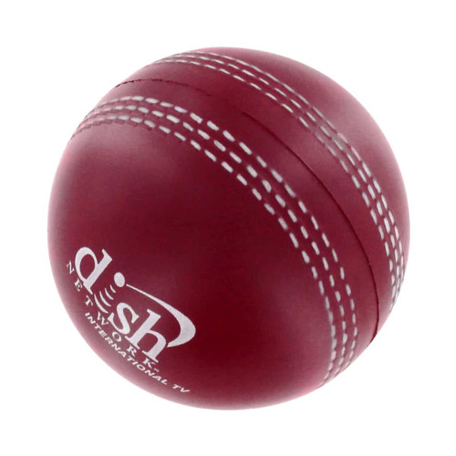 A maroon cricket ball-shaped stress reliever featuring white stitching and a logo.
