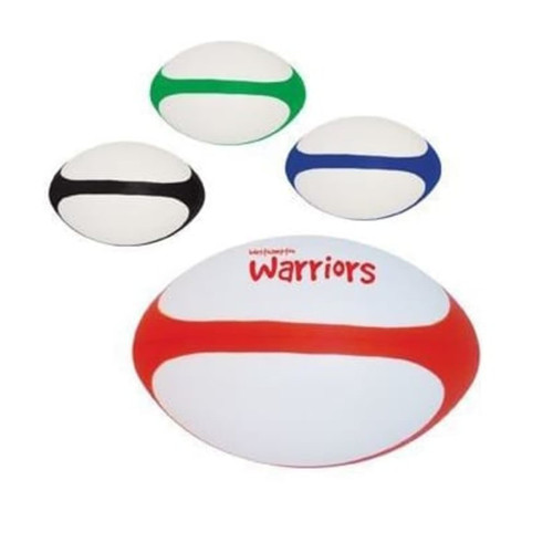 A set of four stress rugby balls in red, green, blue, and black, featuring a logo on one.