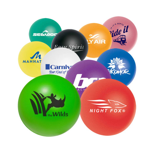 A collection of colourful 50mm ball-shaped stress relievers in various vibrant colours, featuring different logos.